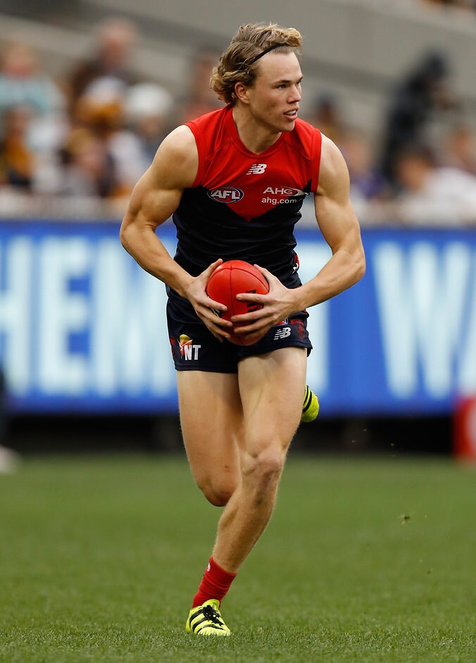 AFL 2016 Rd 20 - Melbourne v Hawthorn MELBOURNE, AUSTRALIA - AUGUST 06: Jayden Hunt of the Demons in action during the 2016 AFL Round 20 match between the Melbourne Demons and the Hawthorn Hawks at the Melbourne Cricket Ground on August 06, 2016 in Melbourne, Australia. (Photo by Michael Willson/AFL Media)
